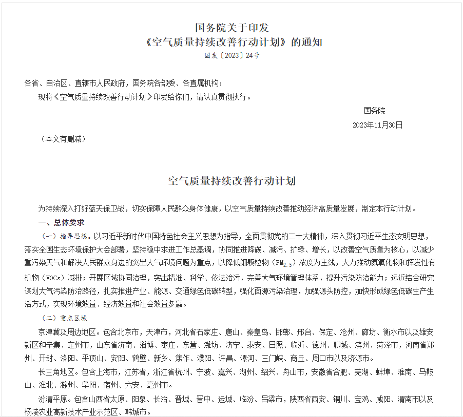 全文！國務(wù)院印發(fā)《空氣質(zhì)量持續(xù)改善行動計劃》